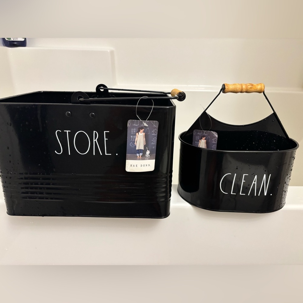 Rae Dunn Black Metal Bins with Wooden Handles